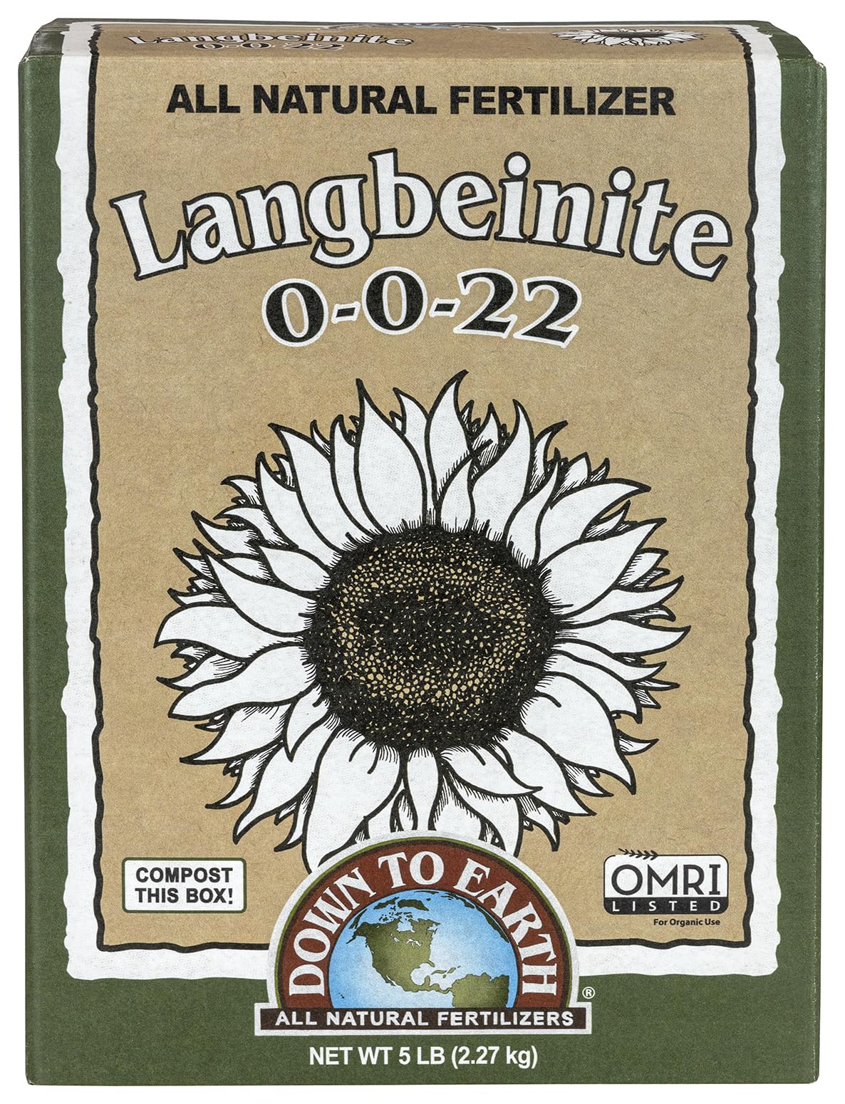 Down To Earth Langbeinite, frente del paquete mostrando peso y marca, práctico para jardineros