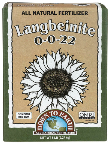 Down To Earth Langbeinite, frente del paquete mostrando peso y marca, práctico para jardineros