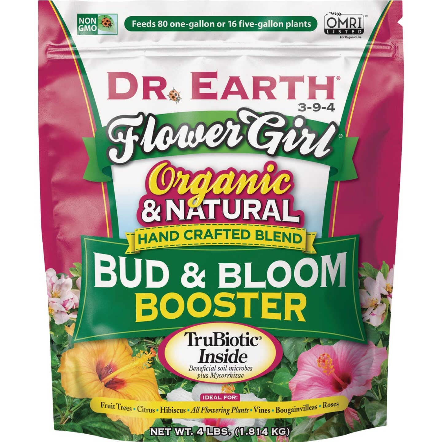 Dr. Earth bolsa frontal Flower Girl 3-9-4 mostrando etiquetado y beneficio de floración abundante