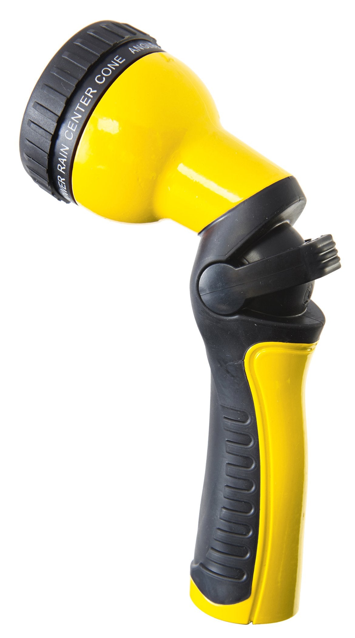 Dramm pistola frontal con empaque amarillo mostrando diseño resistente y agarre ergonómico