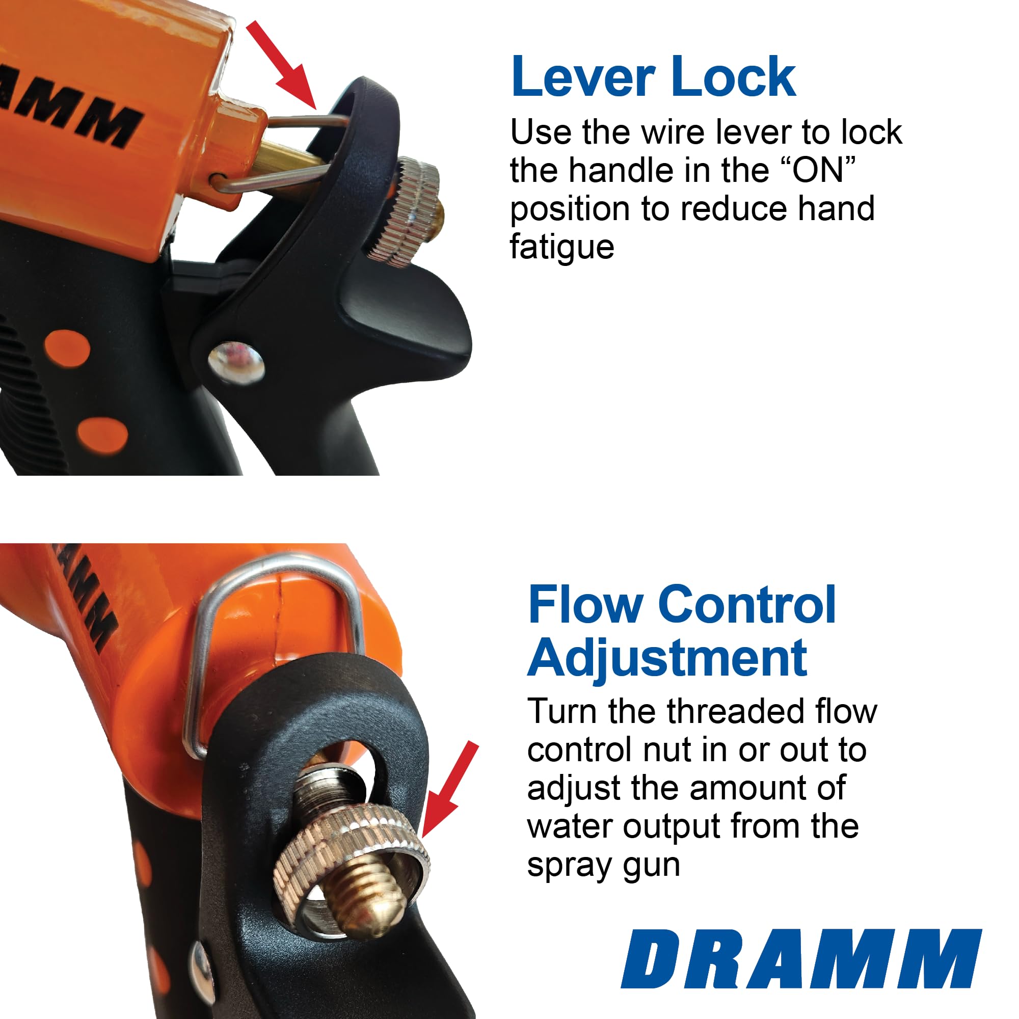 Dramm revolver detalle del agarre ergonómico que reduce fatiga