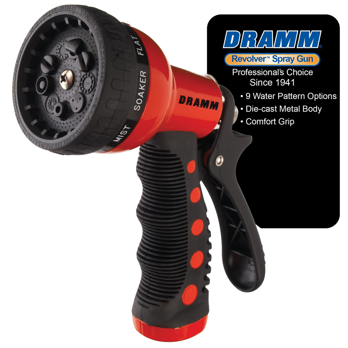 Dramm revolver vista frontal rojo, boquilla resistente para tareas intensas