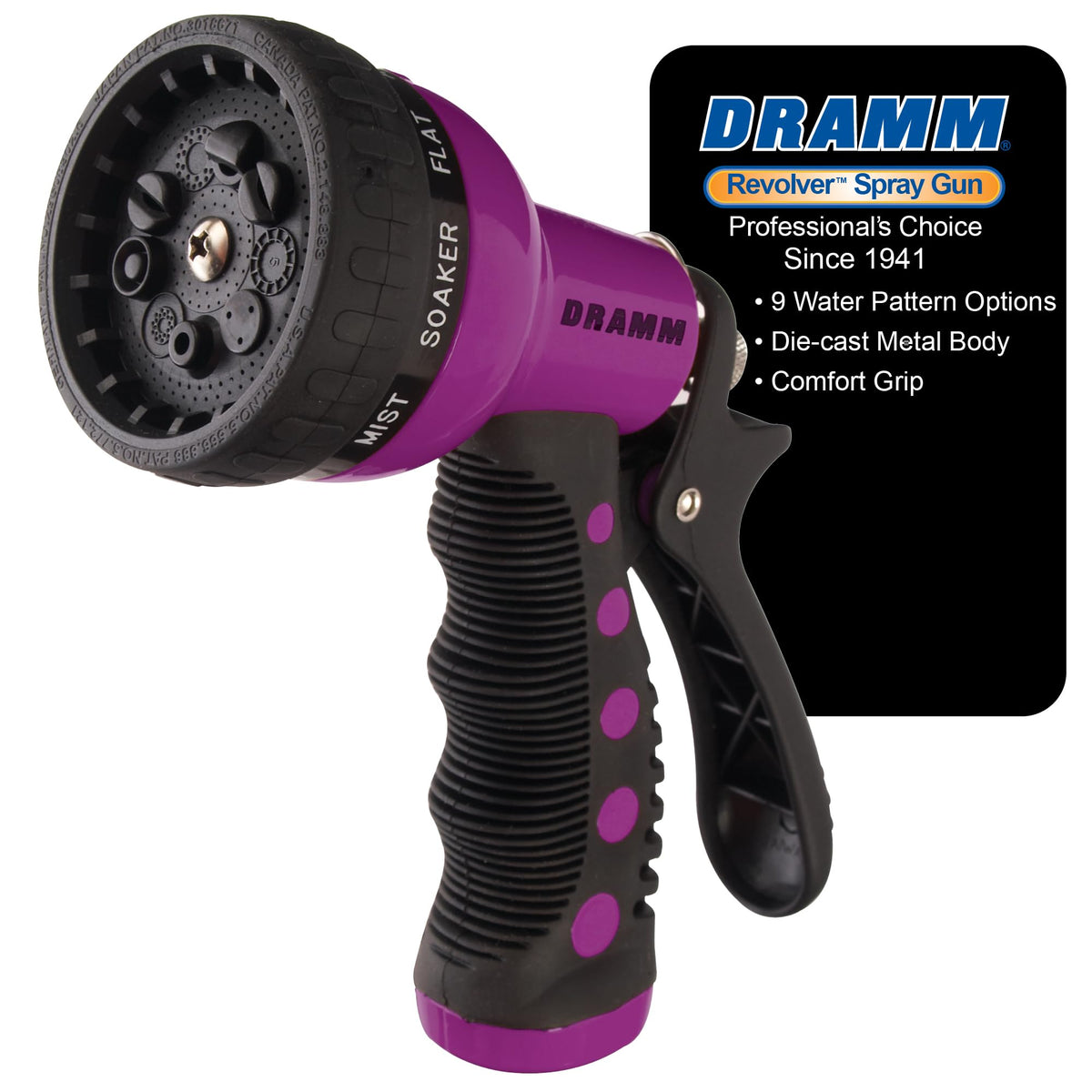 Dramm Revolver vista frontal mostrando selector de 9 patrones y cuerpo metálico, durabilidad visible
