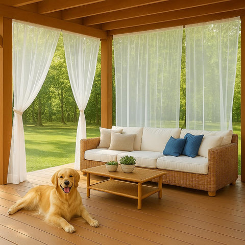 Draphelle vista frontal del par de cortinas blancas para patio con estilo
