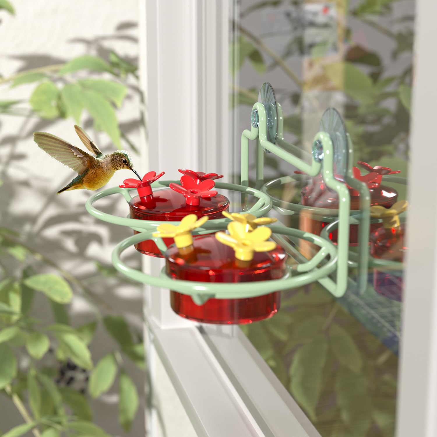Dreamdrawer comedero en uso con colibrí alimentándose, experiencia cercana y natural
