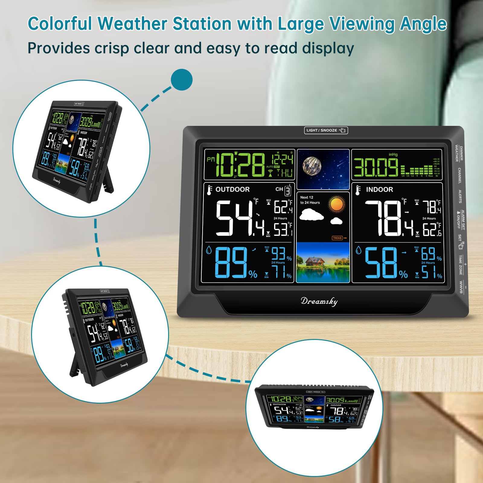 DreamSky detalle del reloj atómico mostrando hora precisa automáticamente