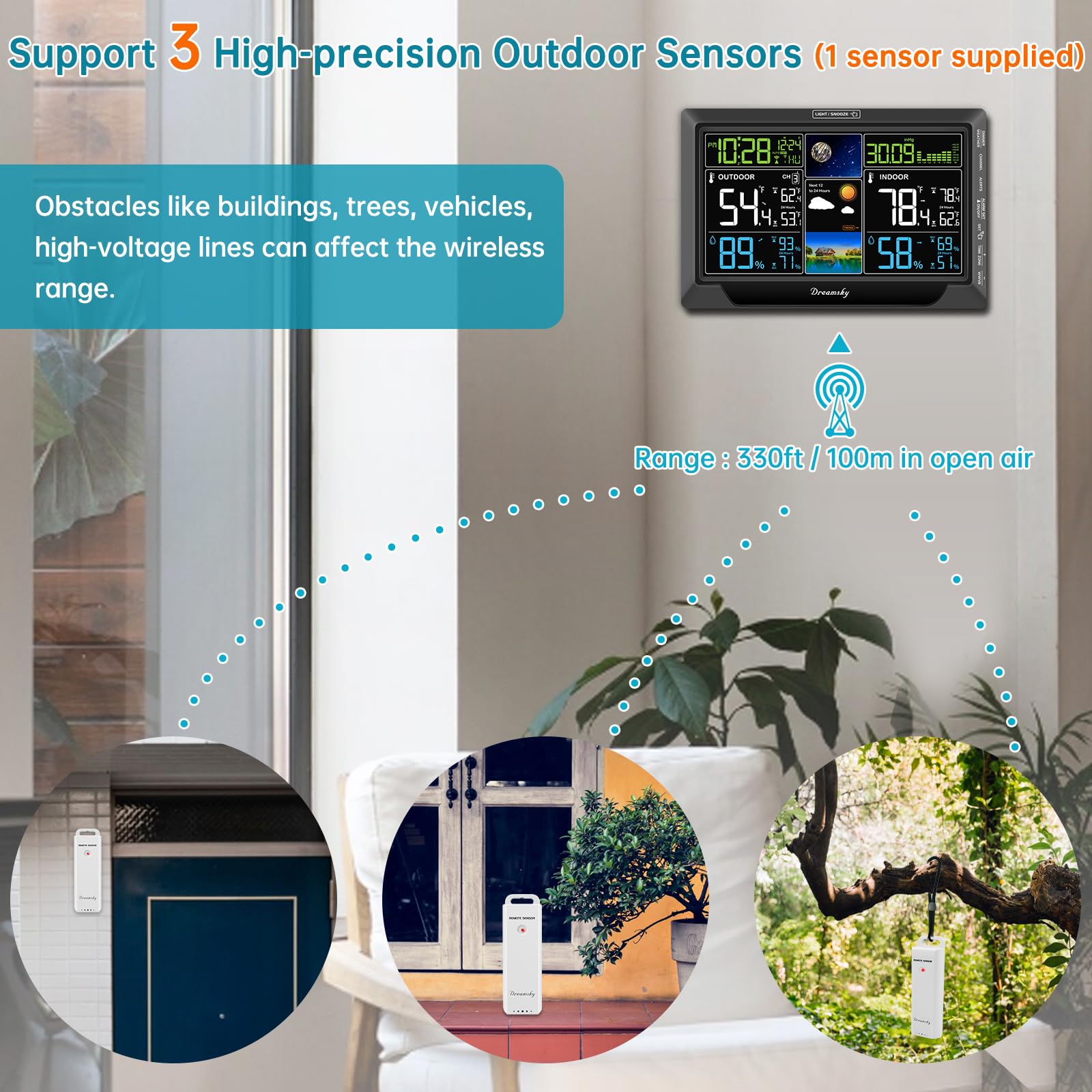 DreamSky sensor exterior inalámbrico en primer plano, mediciones fiables