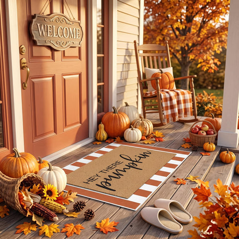 Primer plano del diseño "Hey There Pumpkin" Drydiet con colores otoñales