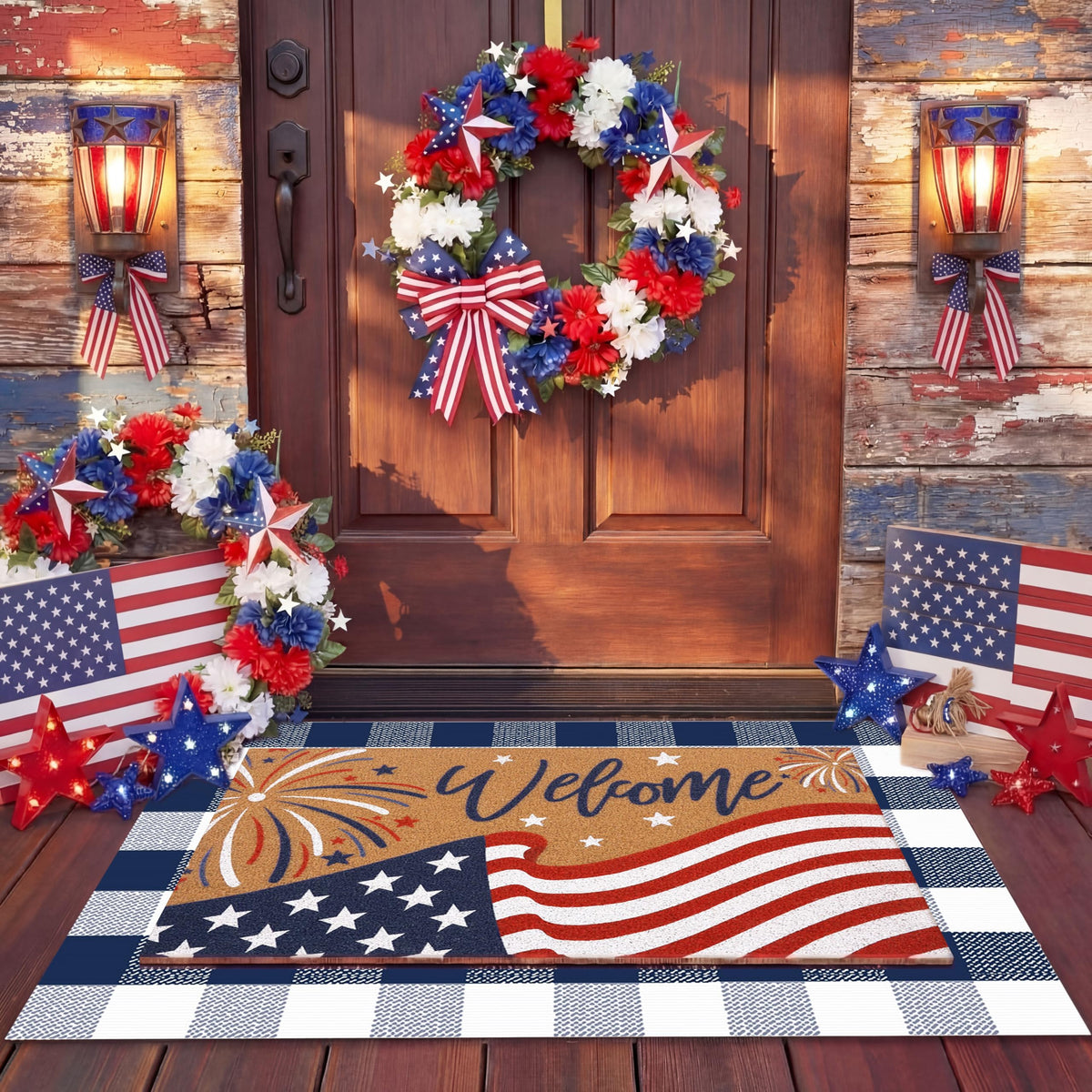 Drydiet felpudo frontal con bandera americana, bienvenido y aspecto festivo