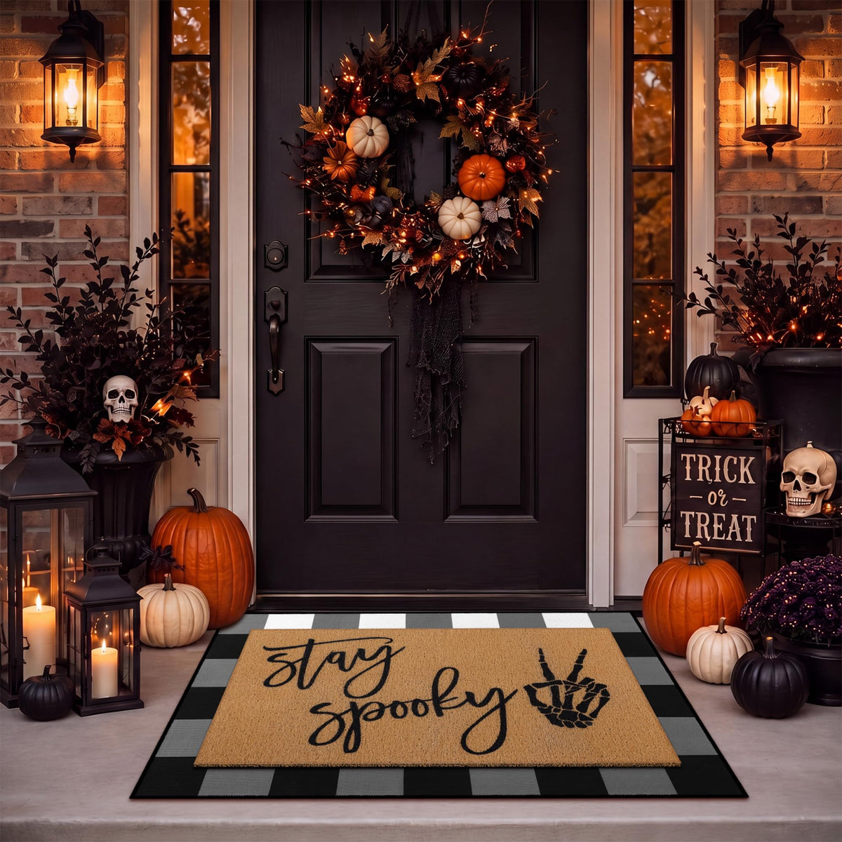 Drydiet felpudo frontal Halloween mostrando cuadro buffalo y texto Stay Spooky, bienvenida temática