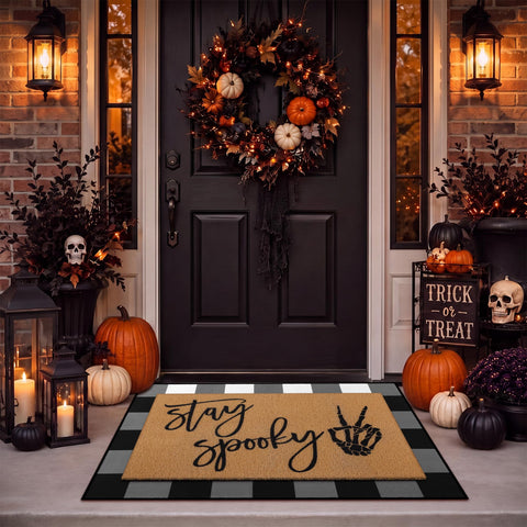 Drydiet felpudo frontal Halloween mostrando cuadro buffalo y texto Stay Spooky, bienvenida temática