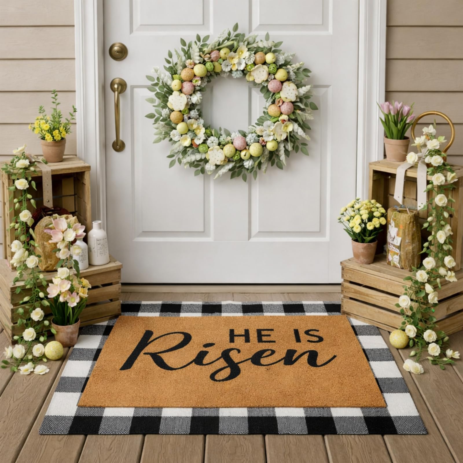 Drydiet felpudo frontal He Is Risen mostrando bienvenida festiva y durabilidad