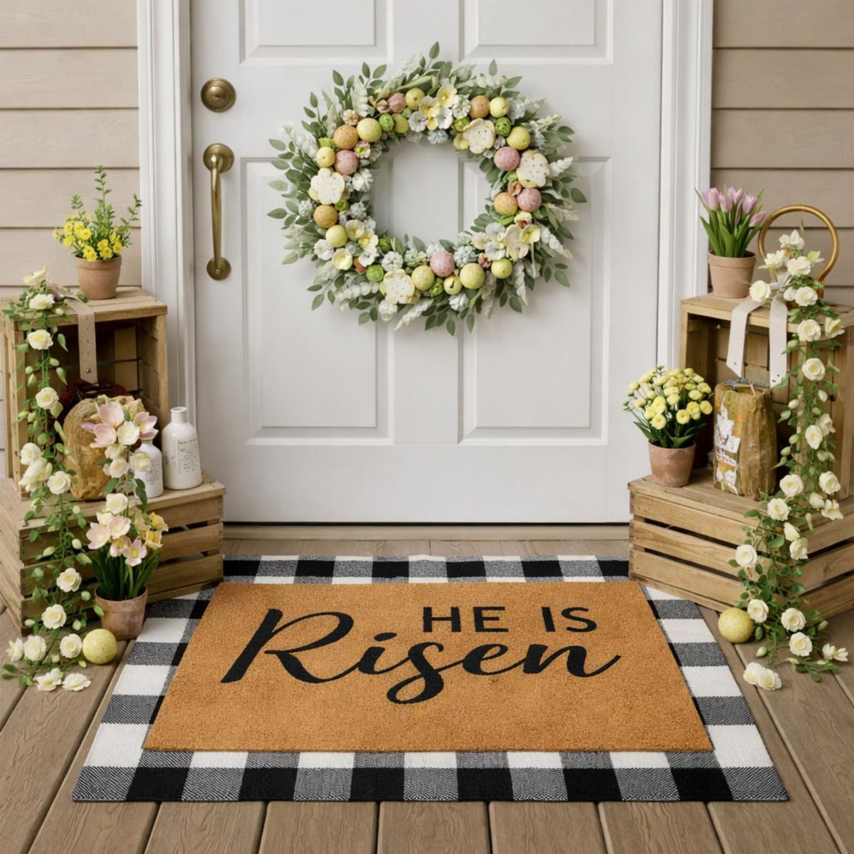 Drydiet felpudo frontal He Is Risen mostrando bienvenida festiva y durabilidad