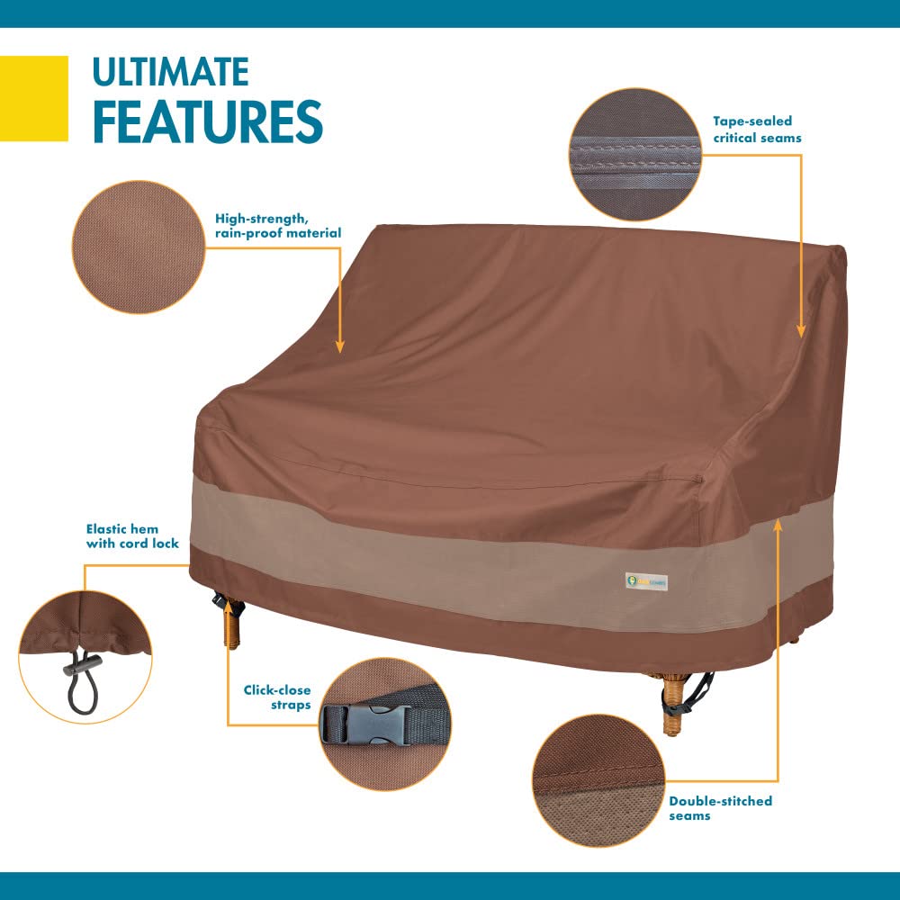 DuckCovers loveseat cubierto en patio mostrando protección completa