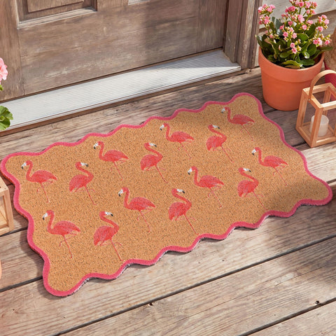 Dunzy felpudo flamingo frontal mostrando diseño rosa y bienvenida duradera