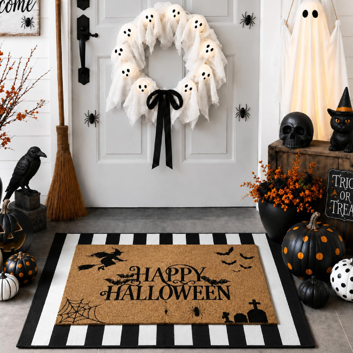 Duraaamo felpudo 'Happy Halloween' frontal, decora la entrada con estilo festivo