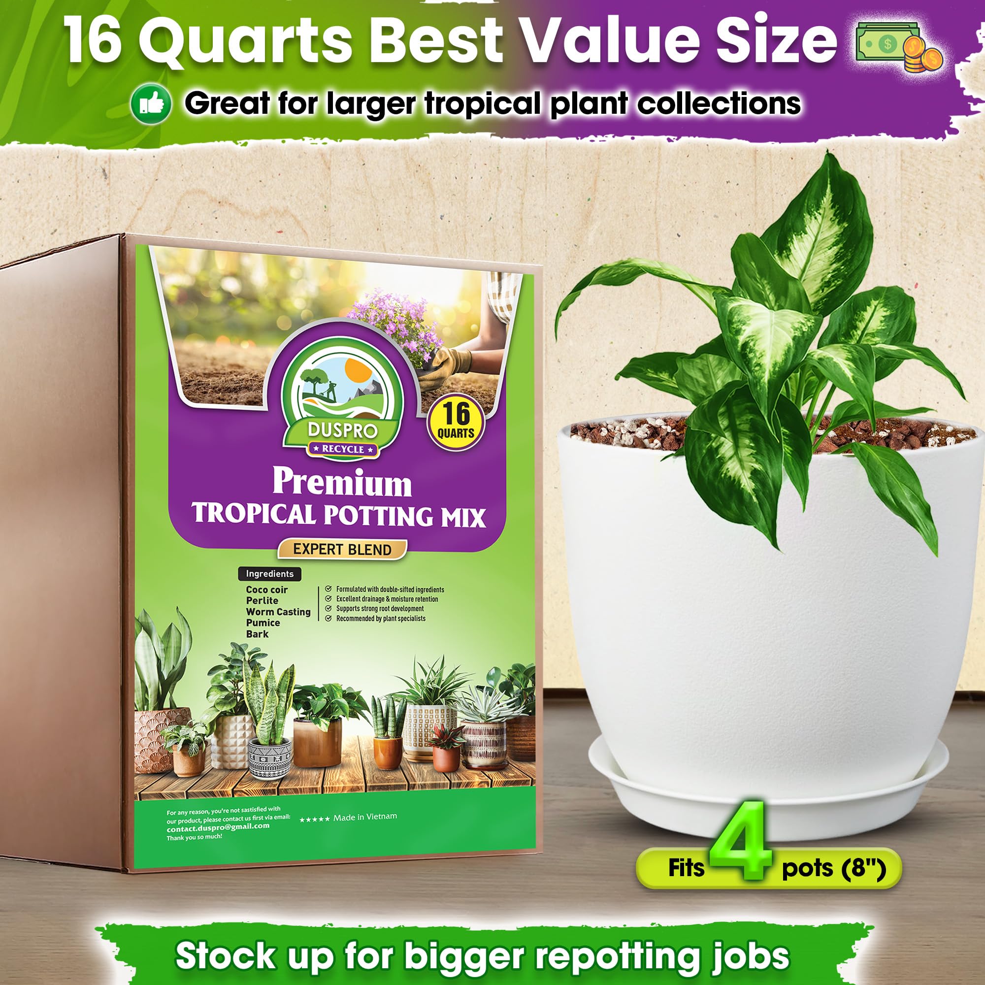 DUSPRO etiqueta con lista de ingredientes y beneficios para plantas