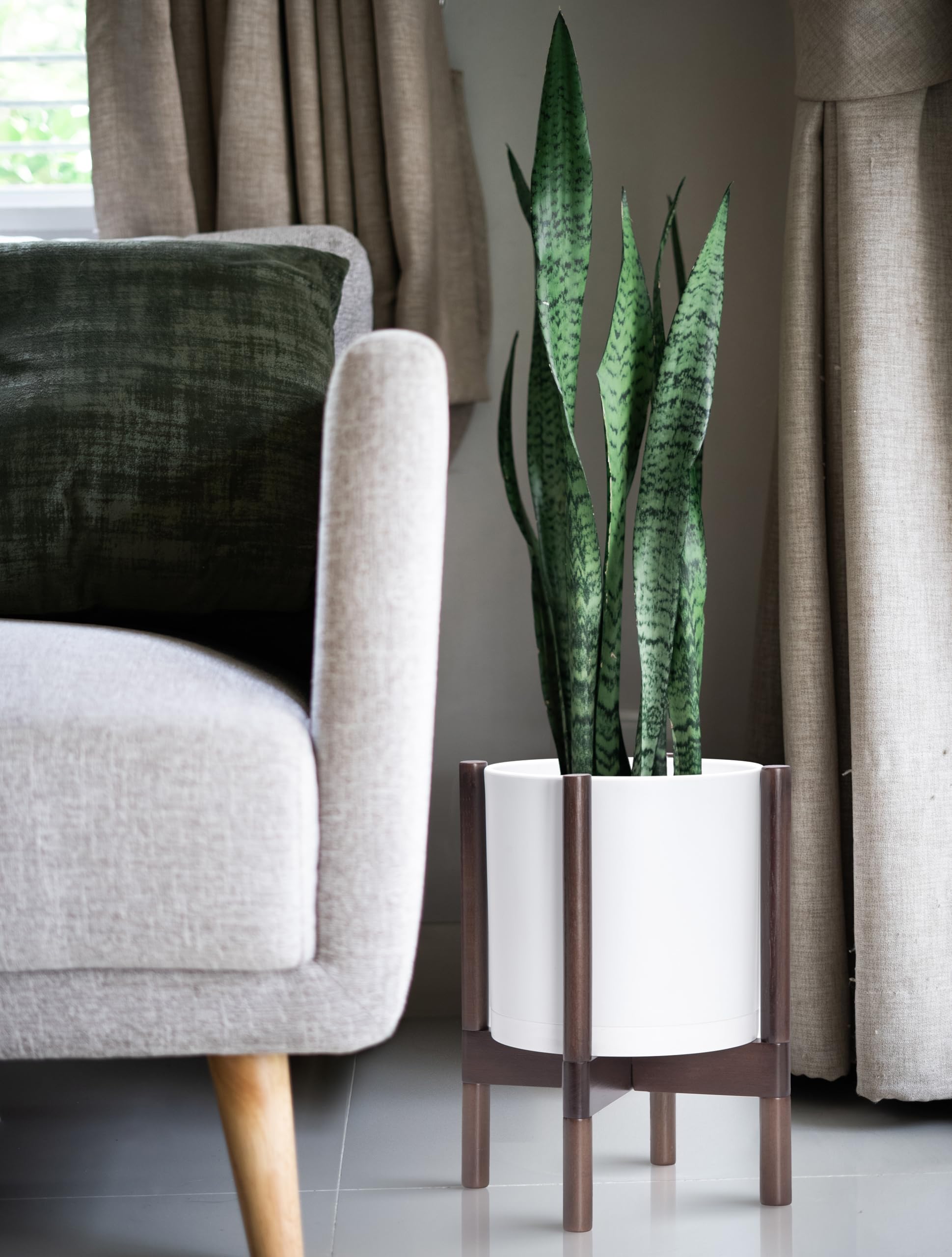D'vine Dev maceta en uso en salón aporta altura y elegancia decorativa