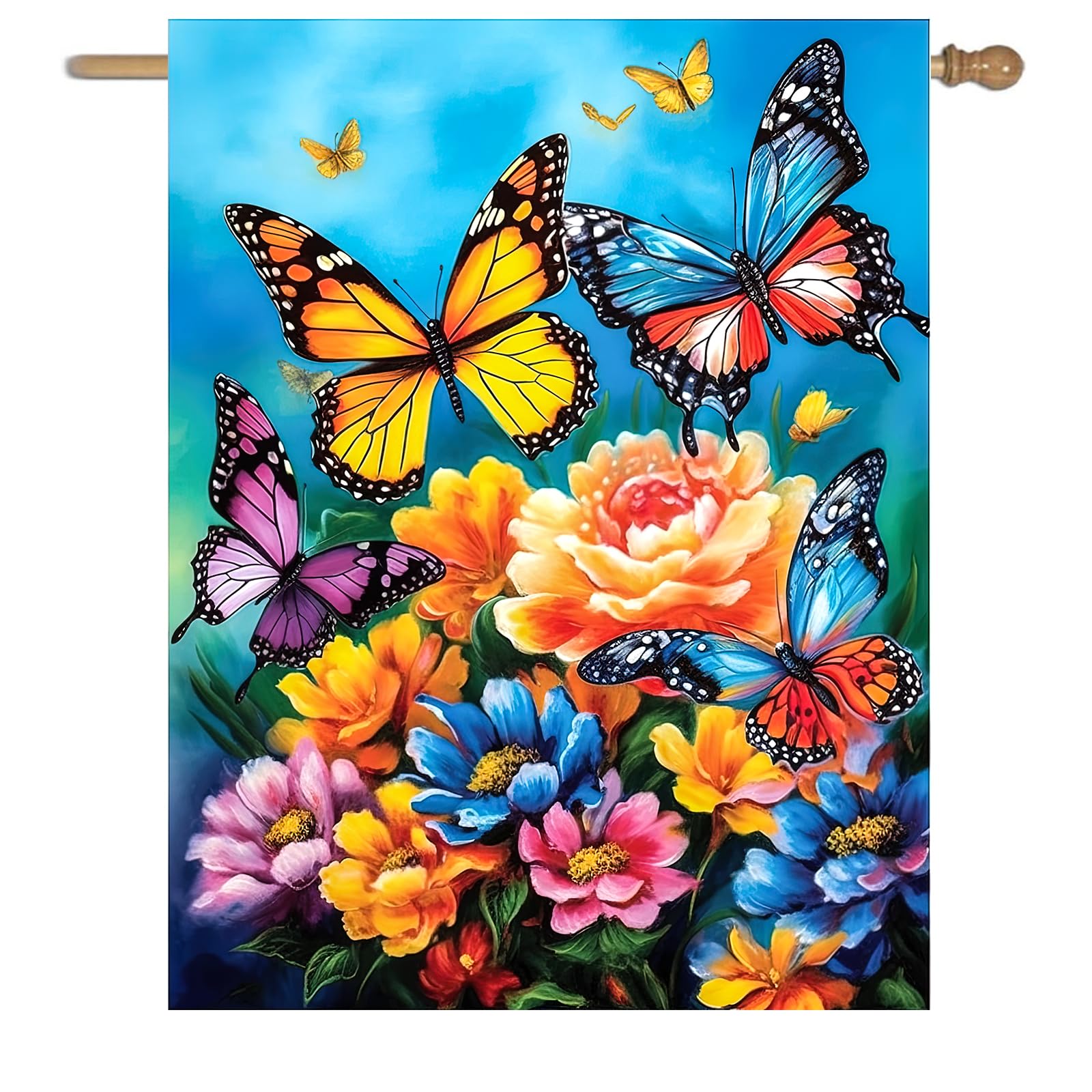 DZGlobal bandera frontal con mariposas y flores, llama la atención en la entrada