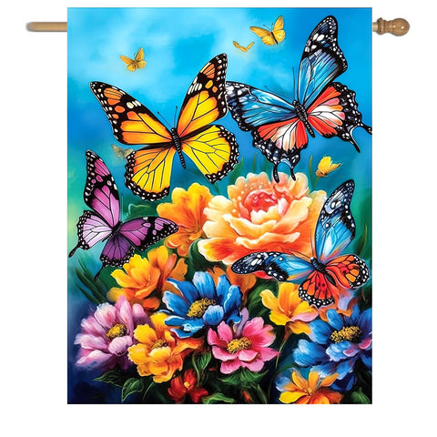 DZGlobal bandera frontal con mariposas y flores, llama la atención en la entrada