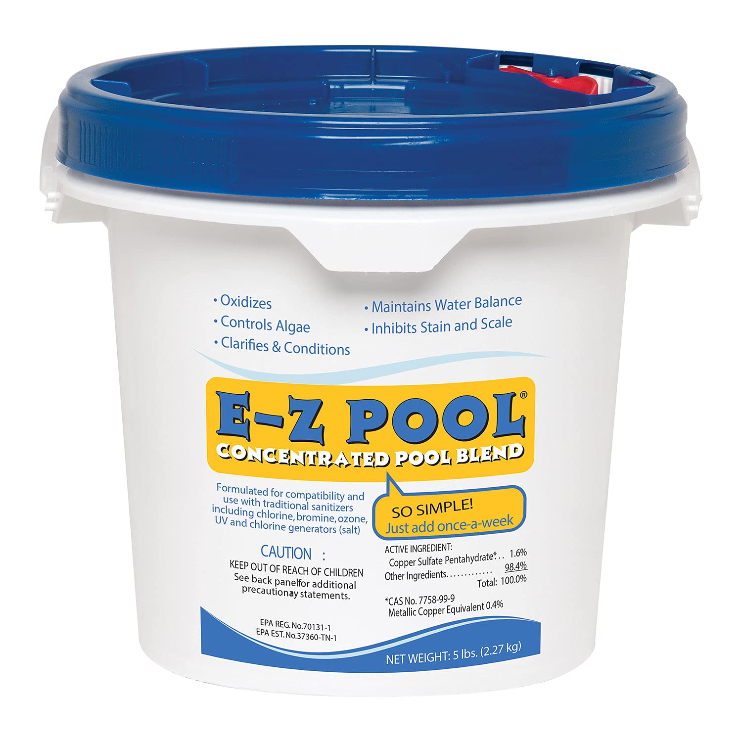 E-z Pool envase frontal de 5 lb mostrando etiqueta y fácil almacenaje