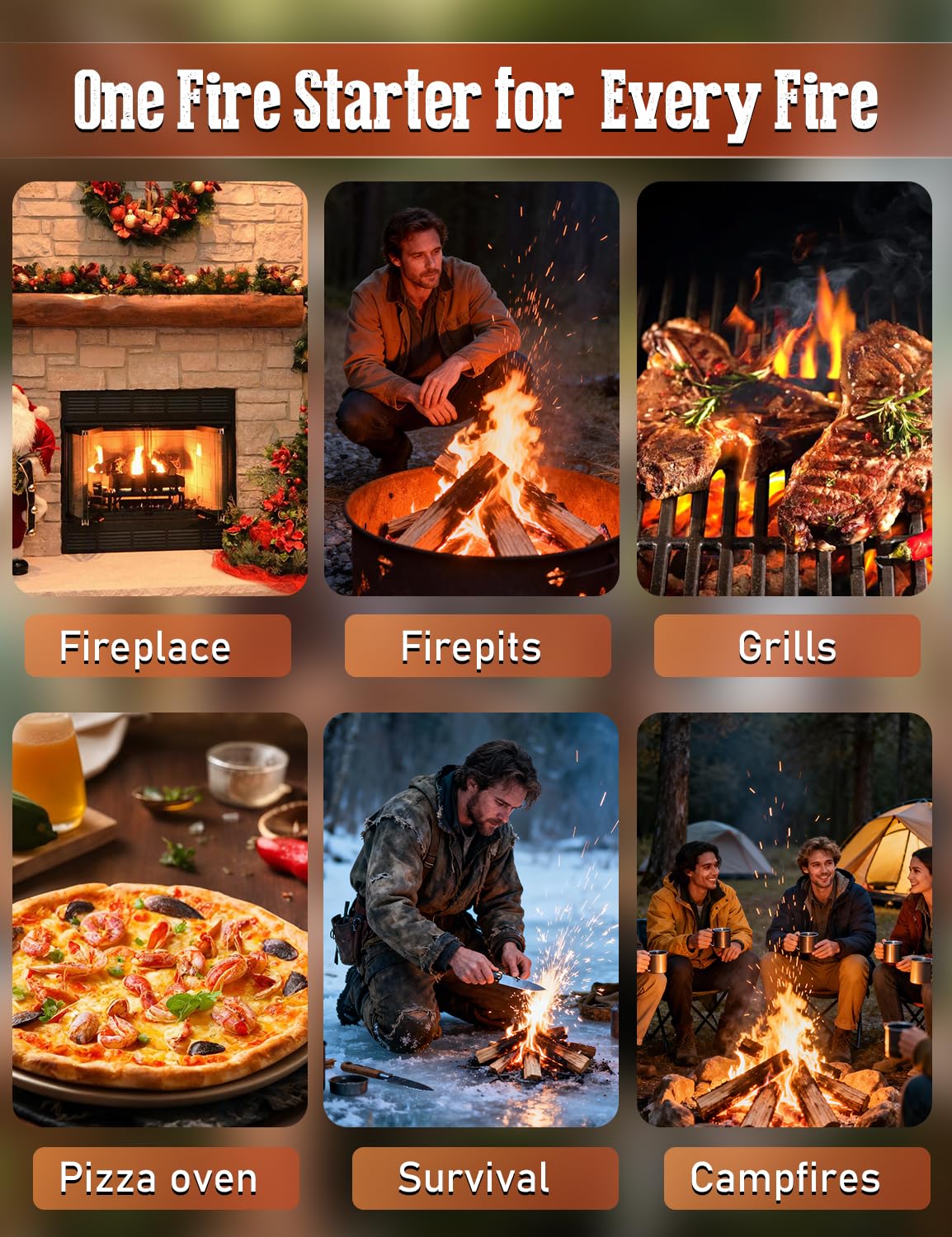 E500 escena de camping con encendedores y parrilla lista para cocinar