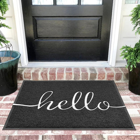 EARTHALL felpudo frontal mostrando diseño hello y bienvenida durable
