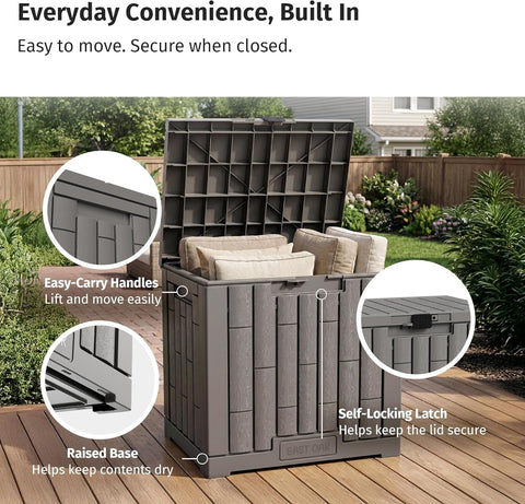 EAST OAK caja en ambiente jardín con accesorios, integra almacenamiento y estética
