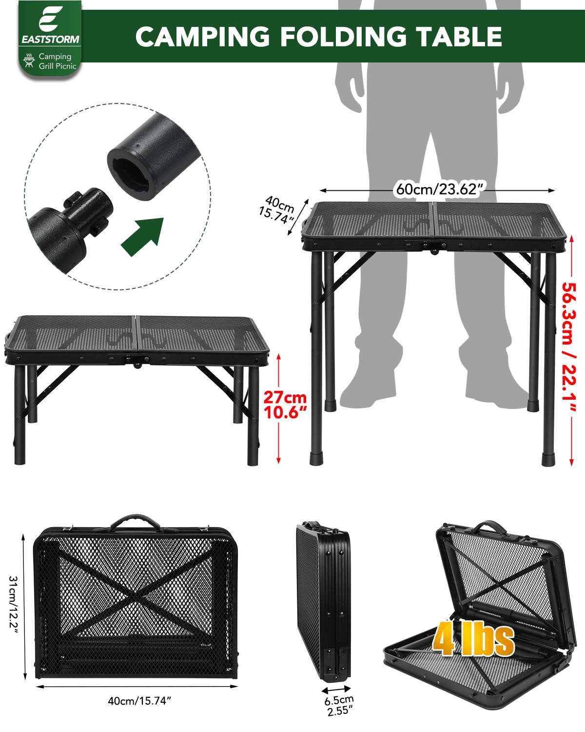 E EASTSTORM mesa desplegada, superficie estable para camping