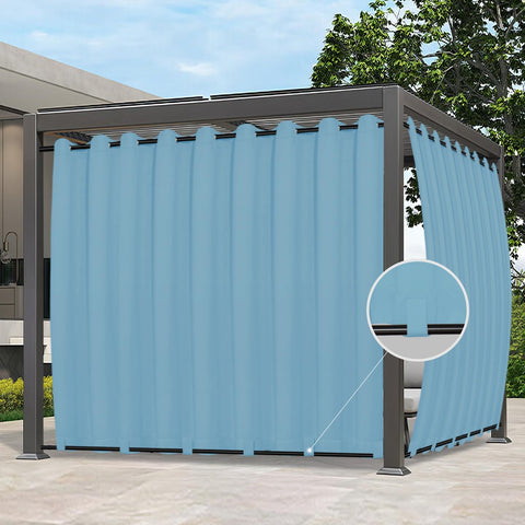 Easy-Going cortina frontal Sky Blue mostrando cobertura y privacidad