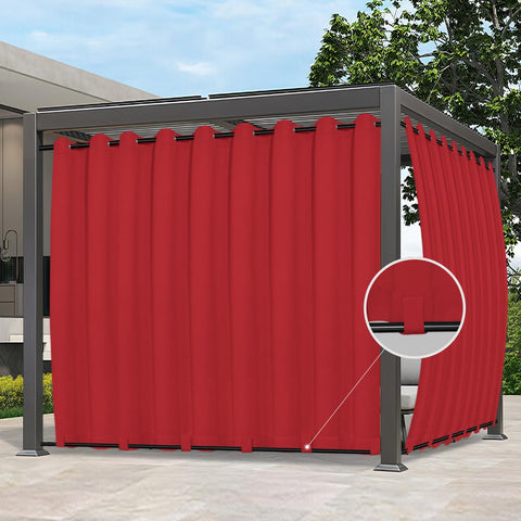 Easy-Going cortina frontal roja mostrando cobertura y privacidad exterior
