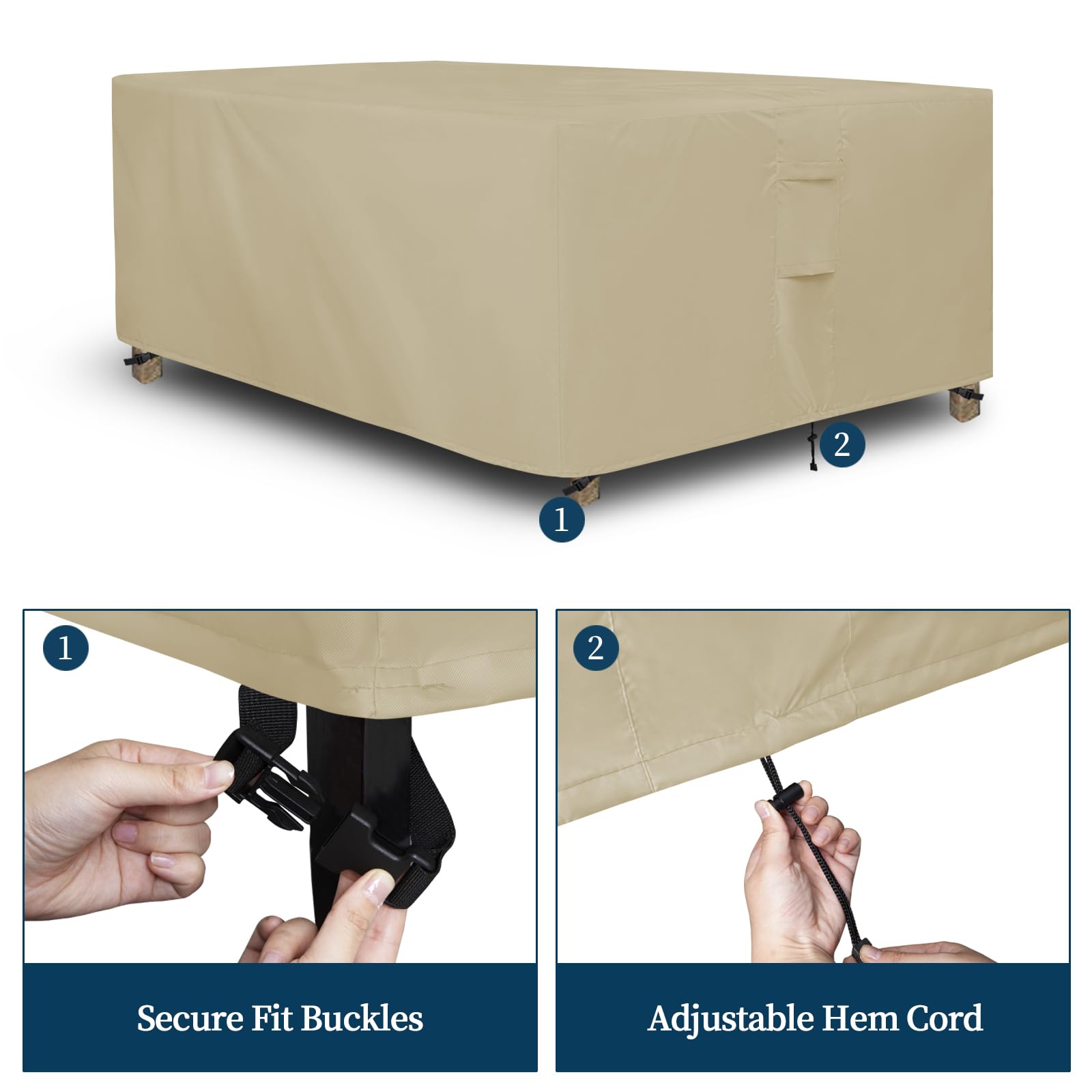 Easy-Going funda colocada sobre mesa y sillas en patio, mantiene seco