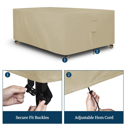 Easy-Going funda colocada sobre mesa y sillas en patio, mantiene seco