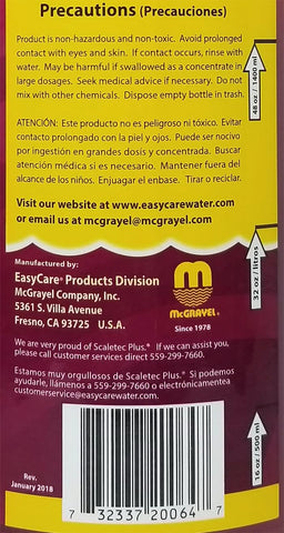 EasyCare líquido del desincrustante mostrando textura, sin ácidos y fácil aplicación