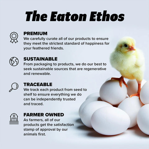 Eaton Pet and Pasture etiqueta que muestra origen EE. UU. y sostenibilidad