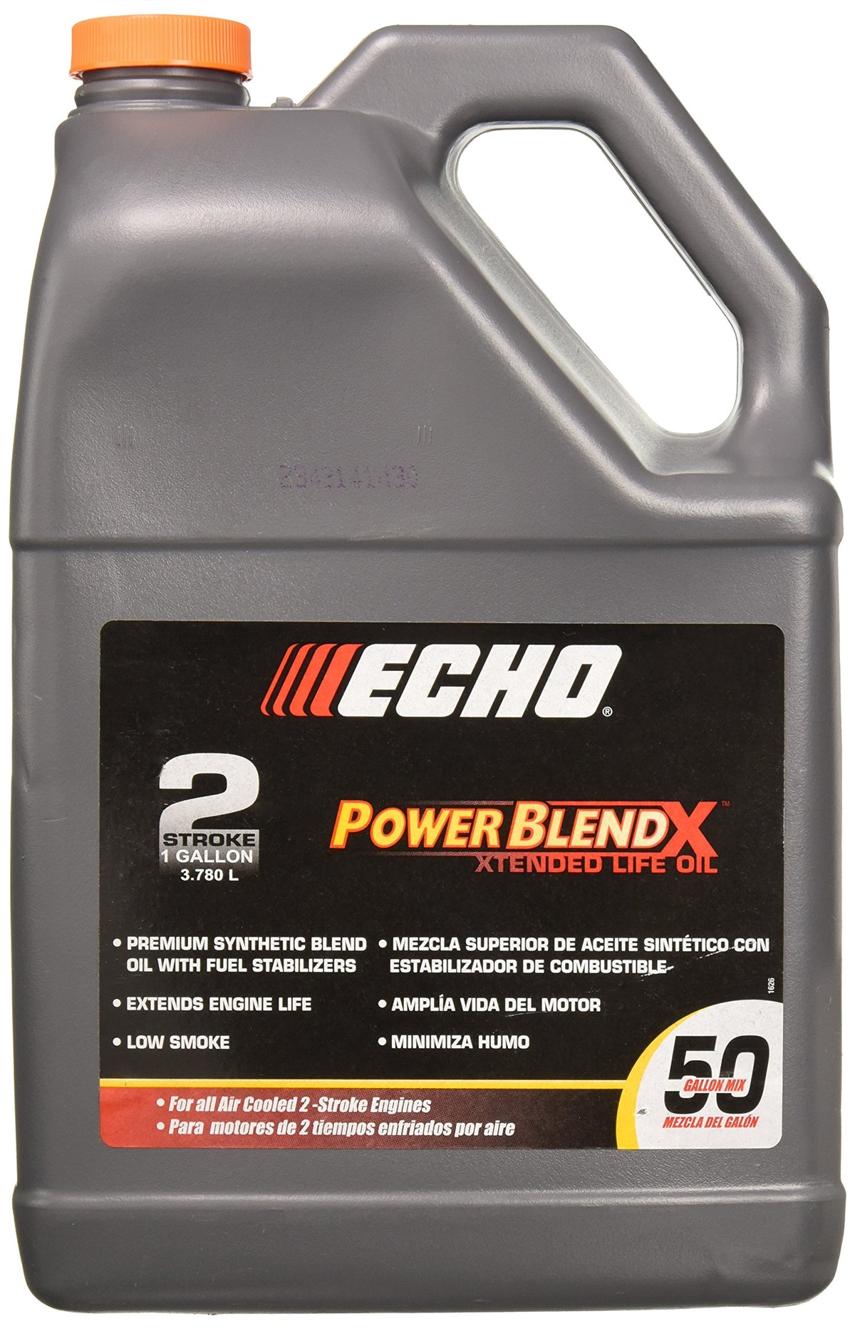 ECHO botella frontal mostrando etiqueta y galón para mezcla 50:1, garantiza compatibilidad OEM