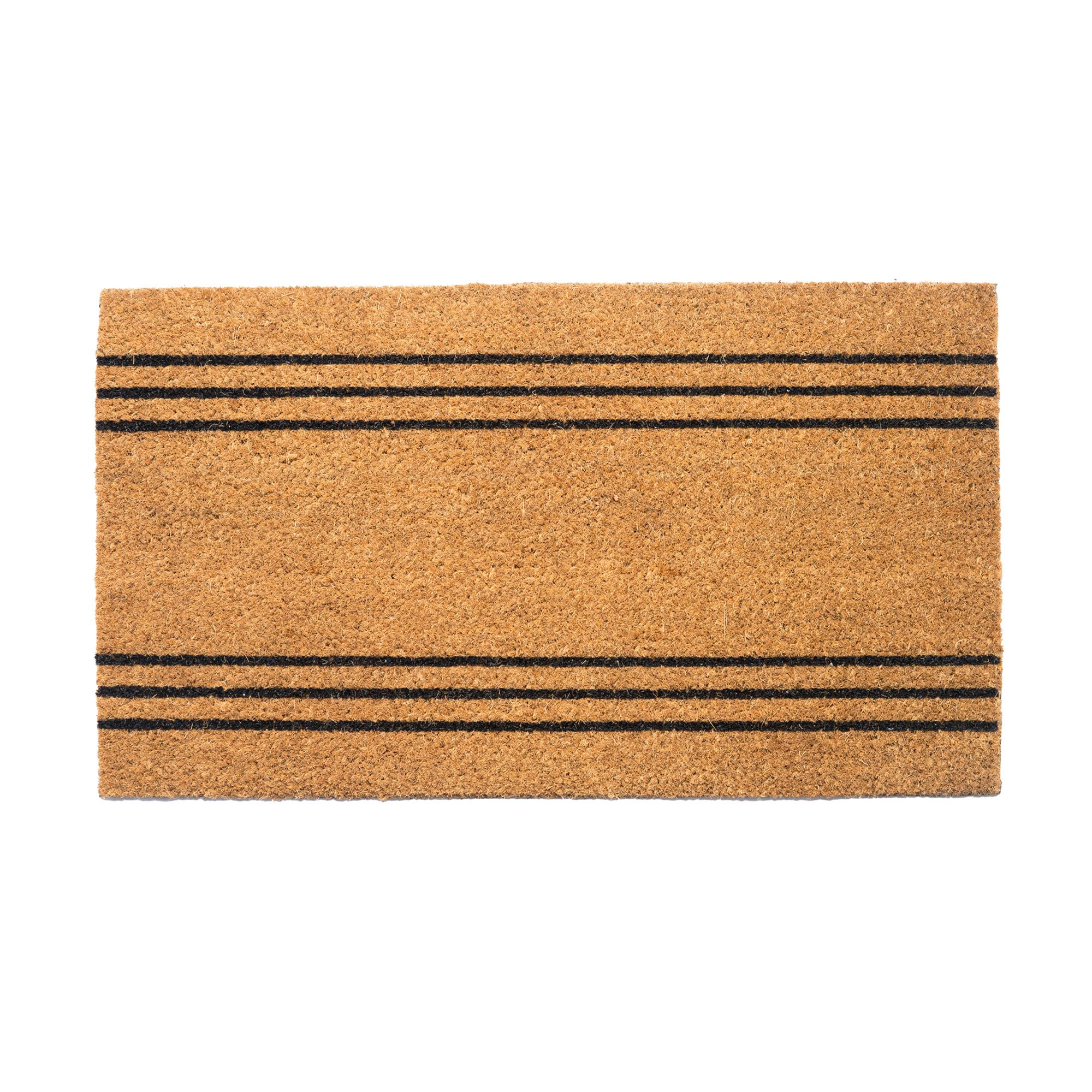 Eco Living felpudo frontal con rayas beige mostrando bienvenida y resistencia