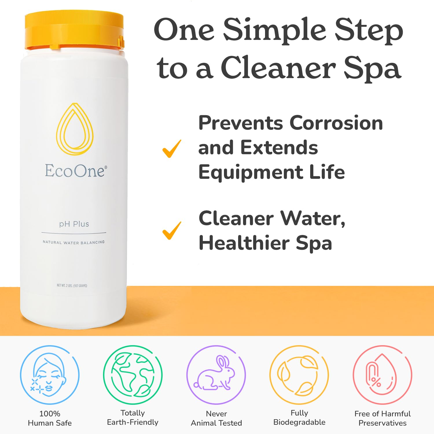 ecoone bote de pH Plus junto a una cinta métrica para comparar tamaño y control de dosis