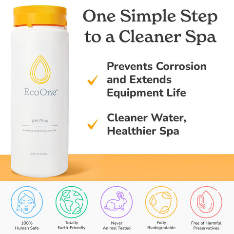 ecoone bote de pH Plus junto a una cinta métrica para comparar tamaño y control de dosis