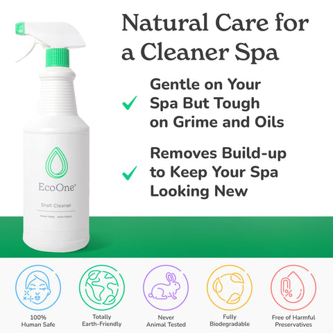 ecoone aplicando spray en borde de spa para eliminar líneas de suciedad rápidamente