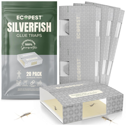 ECOPEST Silverfish Trap empaque frontal mostrando 20 unidades y ventaja de monitoreo