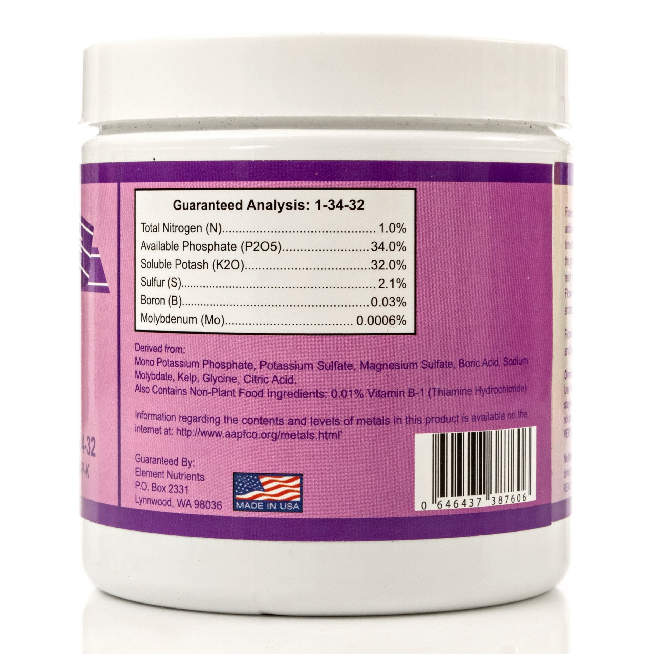 Element Nutrients detalle de etiqueta con instrucciones y concentrado para dosificación segura