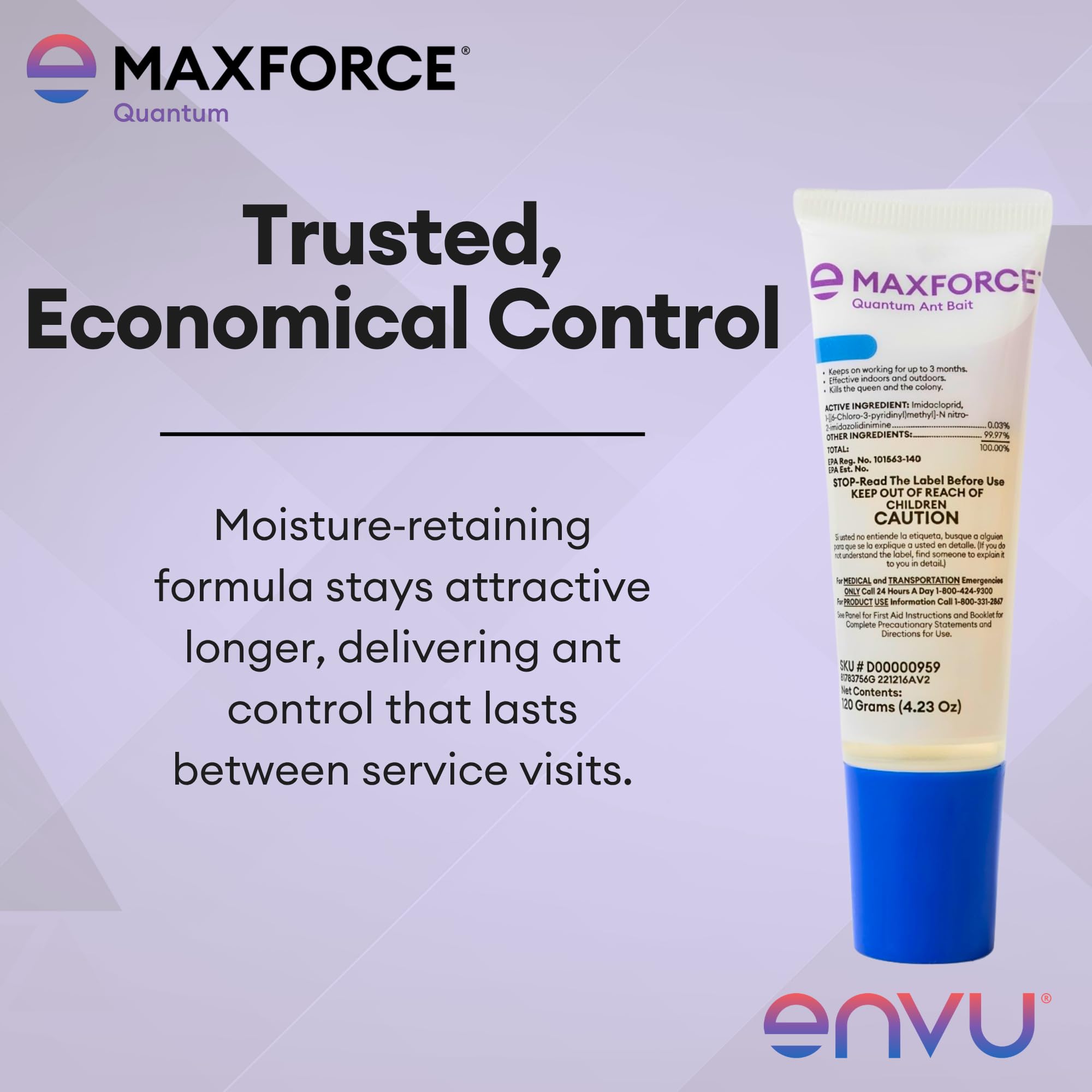 Envu Maxforce Quantum tubo en mano para comparar tamaño y manejo fácil