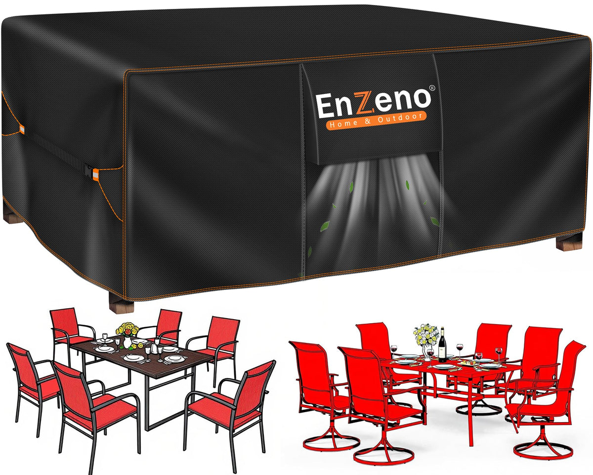 Enzeno vista frontal de la funda protegiendo mesa exterior, protección completa