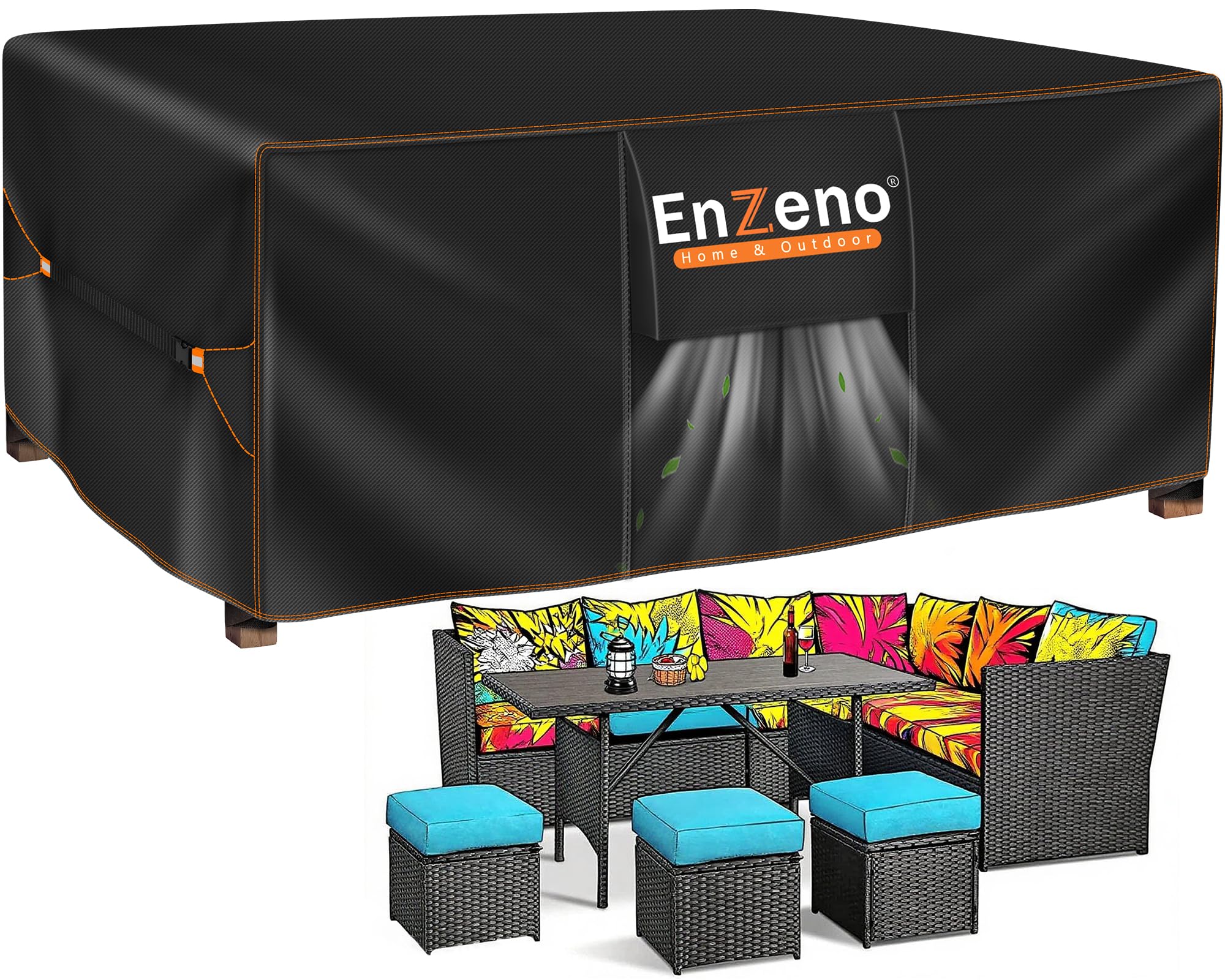 Enzeno vista frontal de funda protegiendo mesa y sillas, protección completa