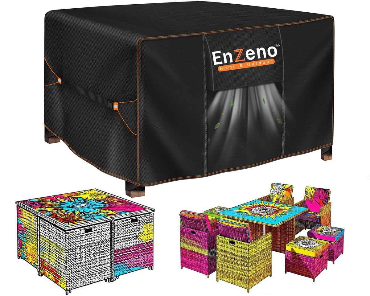 Enzeno funda frontal sobre mesa exterior protegiendo contra lluvia y polvo