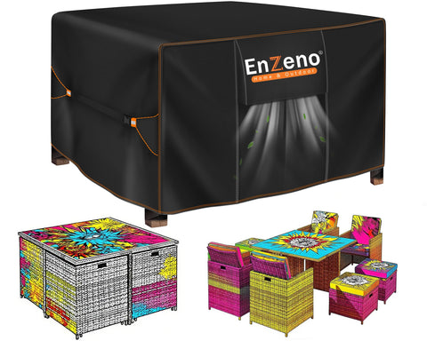 Enzeno funda frontal sobre mesa exterior protegiendo contra lluvia y polvo