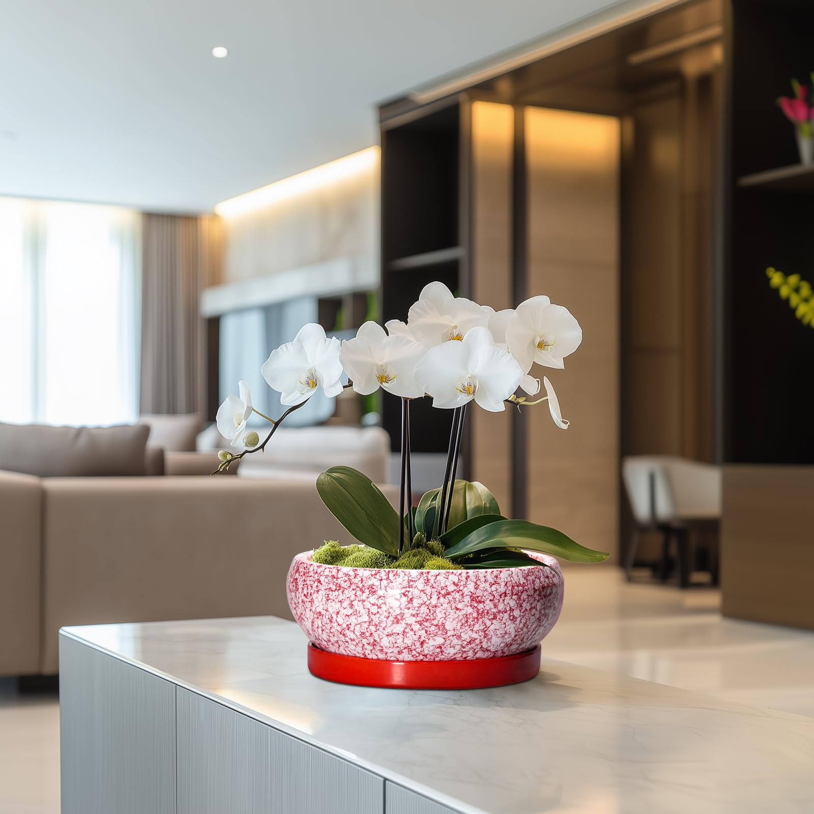 EPFamily maceta roja integrada en salón como elemento decorativo