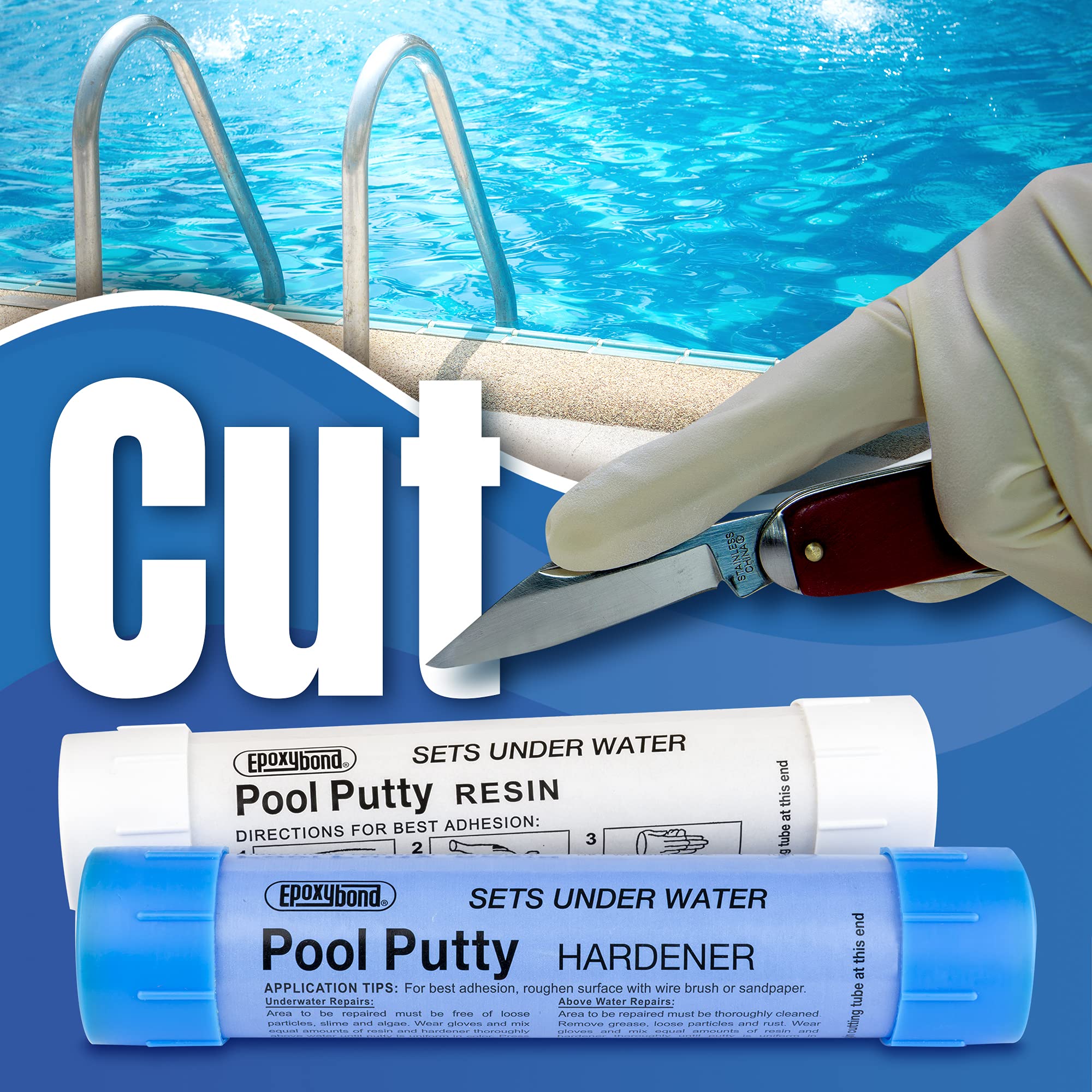 Epoxybond Pool Putty aplicado bajo el agua en piscina mostrando sellado sin drenar