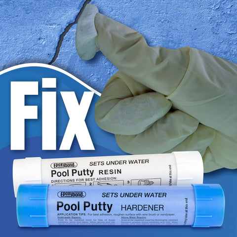 Epoxybond Pool Putty comparación de tamaño con manos ilustrando rendimiento para bricolaje